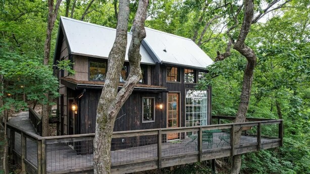 A treehouse with a deck, surrounded by dense forest.