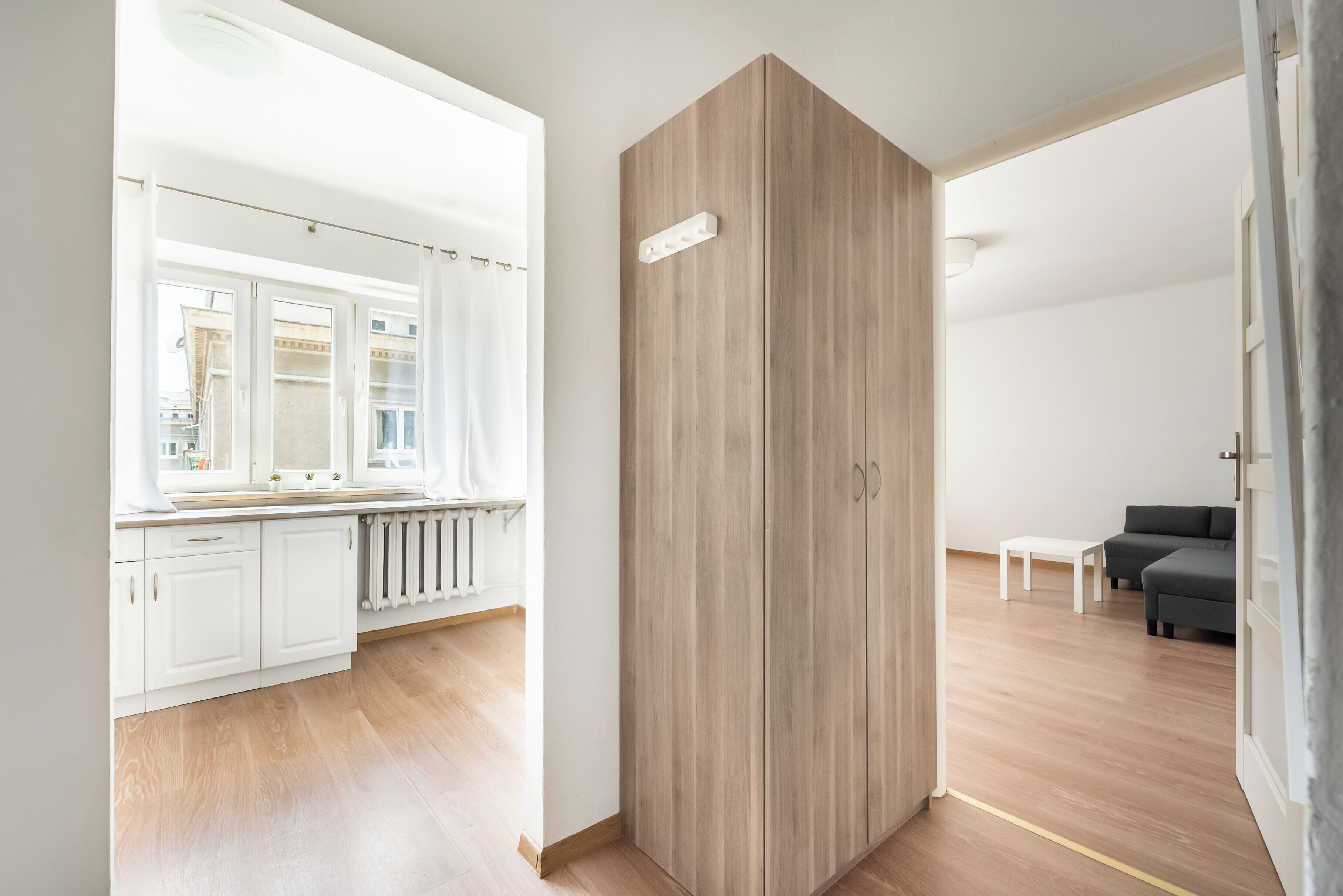 A modern apartment with a kitchen, a wooden wardrobe, a living area with a sofa and a coffee table, and a view through a window.