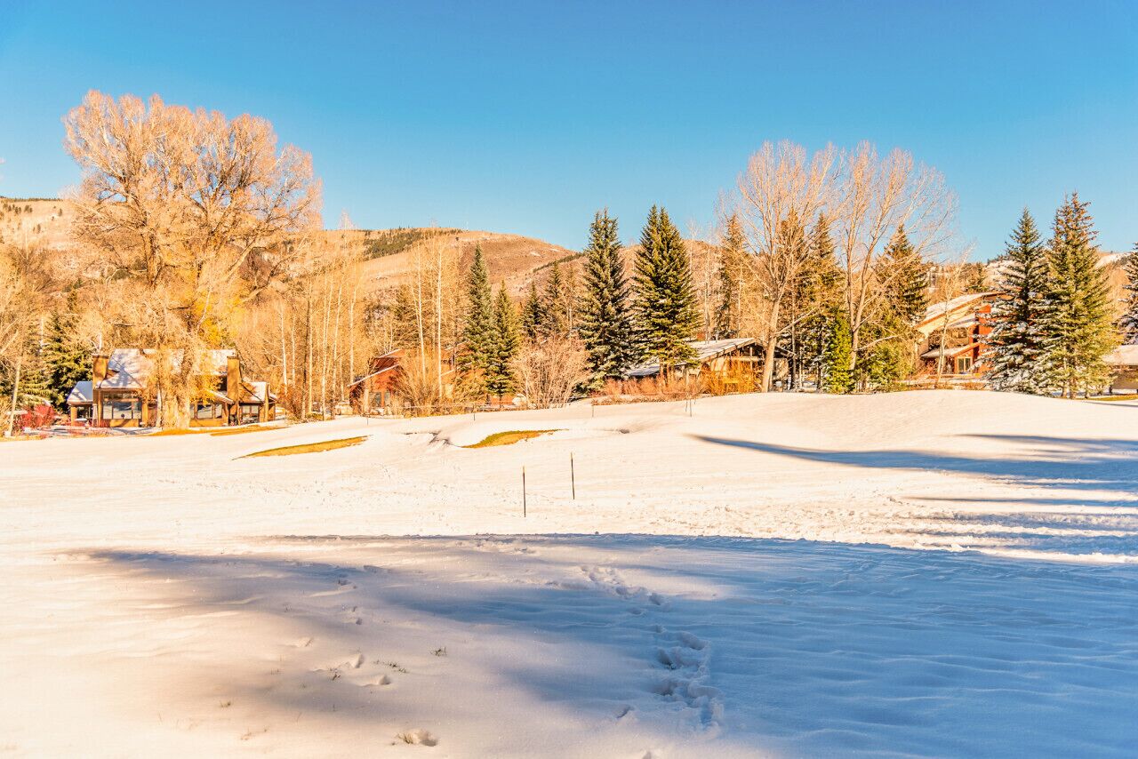 A snow-covered landscape with buildings and trees.