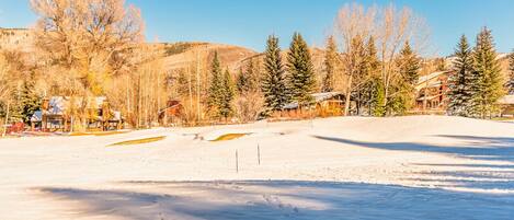A snow-covered landscape with buildings and trees.