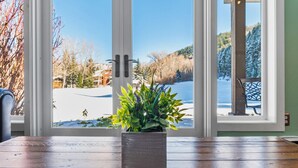 Une table en bois, avec un pot de plante posé devant une fenêtre donnant sur un paysage enneigé et une étendue d’eau.
