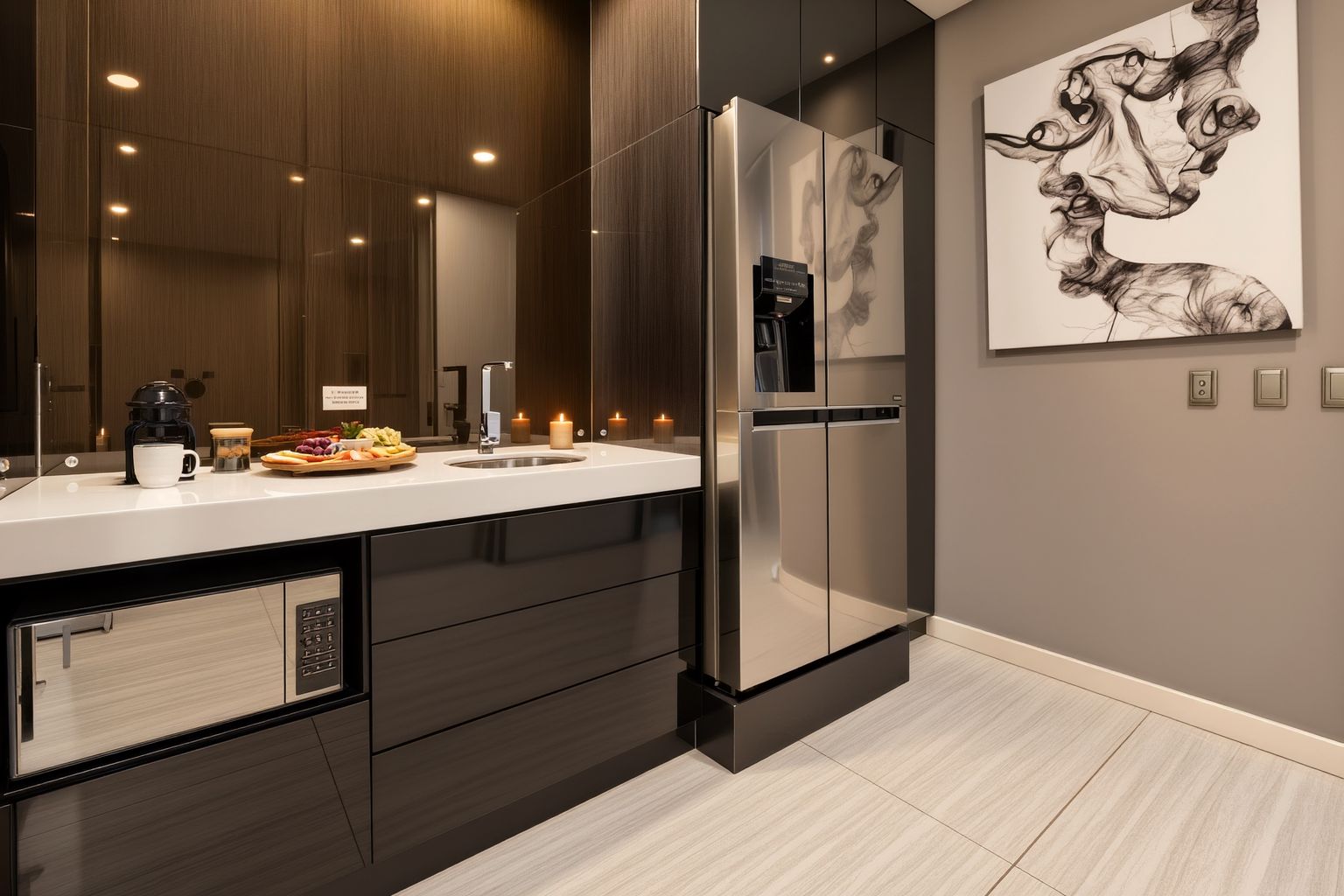 A modern kitchen with a stainless steel refrigerator, a built-in oven, and a large mirror above the countertop.