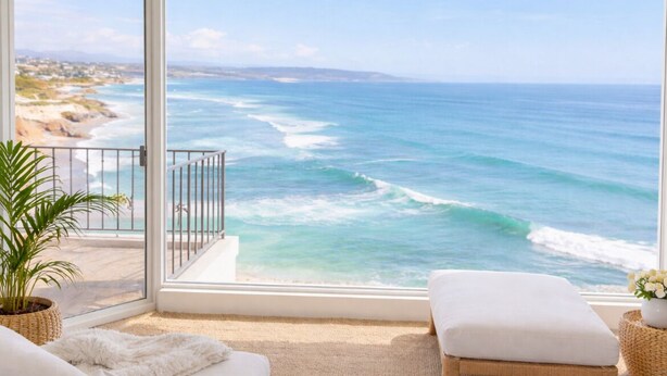 Un balcon avec vue sur l’océan, un banc blanc avec coussin et une plante en pot.