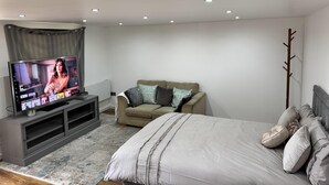 Une chambre moderne avec un lit, un canapé, une télévision et un porte-manteau.