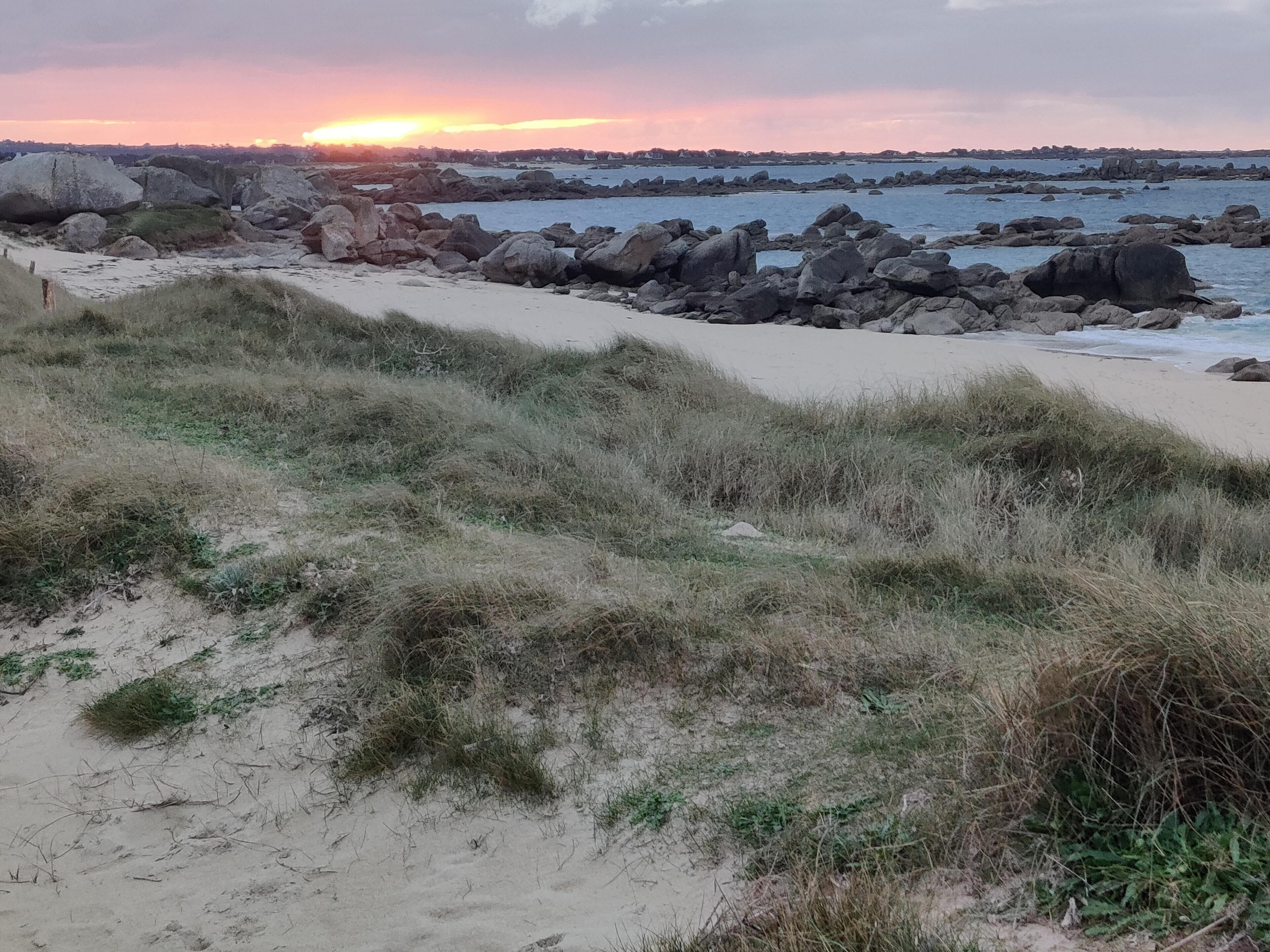 Een kustlandschap met een zandstrand, begroeide duinen en verspreide rotsen.