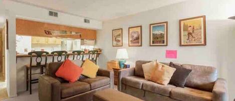 Smart TV, fireplace, DVD player, books