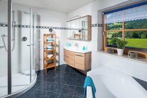 Shower, hair dryer, towels