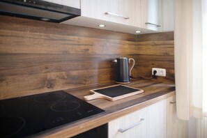 Fridge, microwave, oven, stovetop - Holiday Apartment 'FeWo E1' with Shared Garden and Wi-Fi (Klocksin)