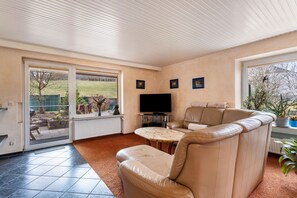 Télévision, cheminée, lecteur de DVD, table de tennis de table