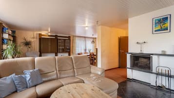 Televisio, takka, DVD-soitin, pöytätennispöytä