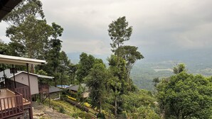 Vista desde la ladera con un jardín, una terraza de madera y un edificio pequeño.