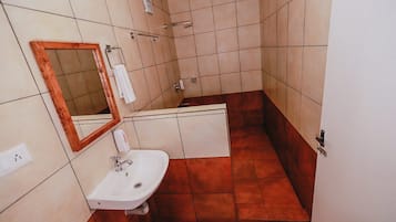 Shower, towels, toilet paper