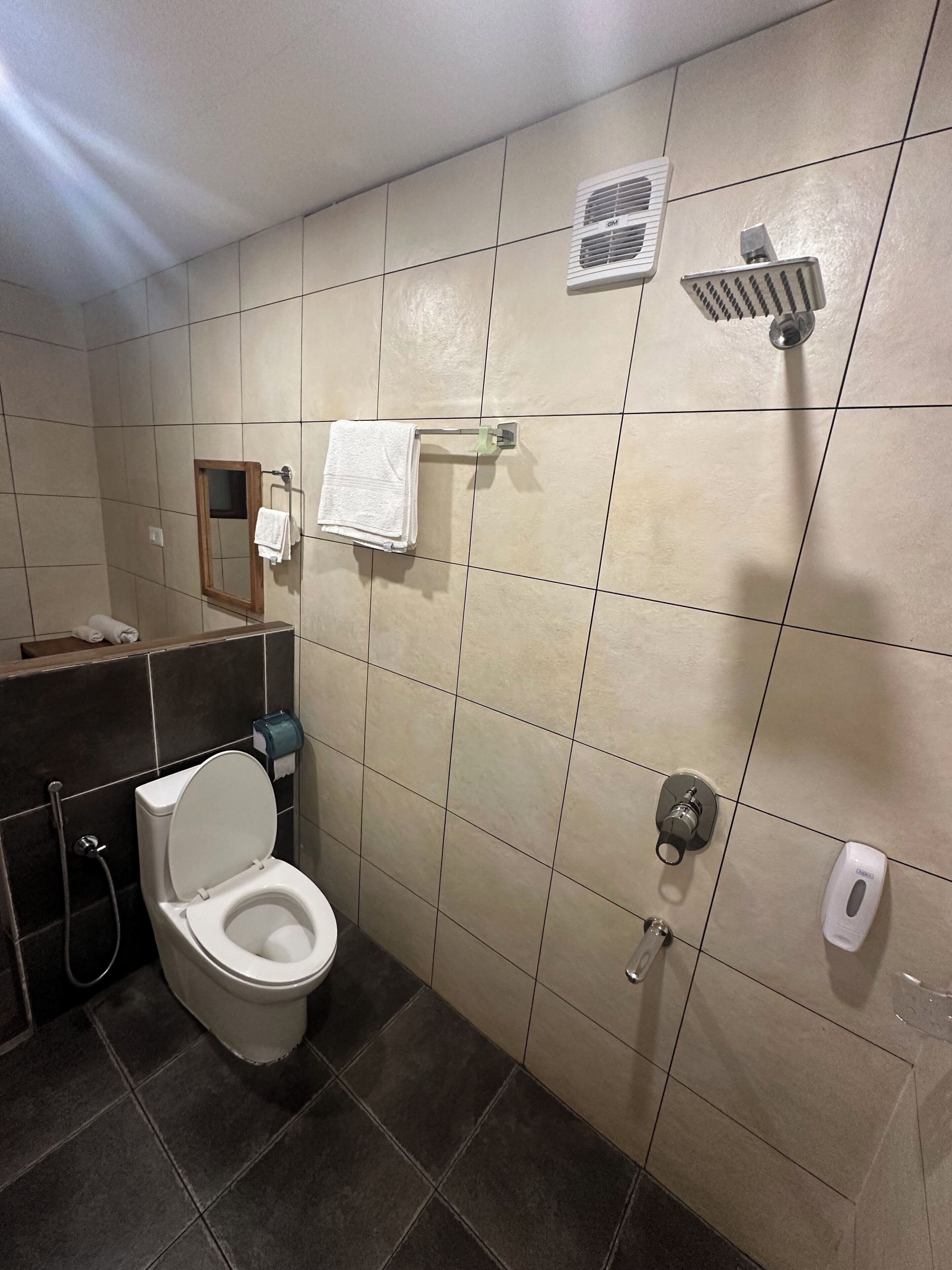 A bathroom with a toilet, a towel rack, a hand dryer, and a showerhead.