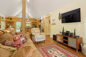 Smart TV, fireplace, DVD player, books