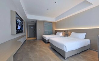 Minibar, desk, laptop workspace, iron/ironing board