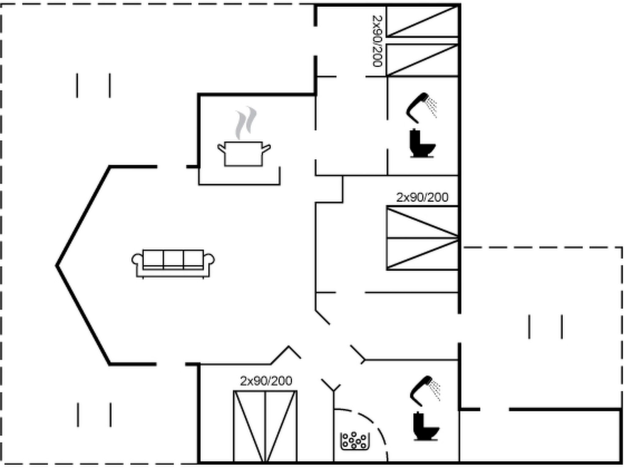 A floor plan with a living area, kitchenette, and two bathrooms.