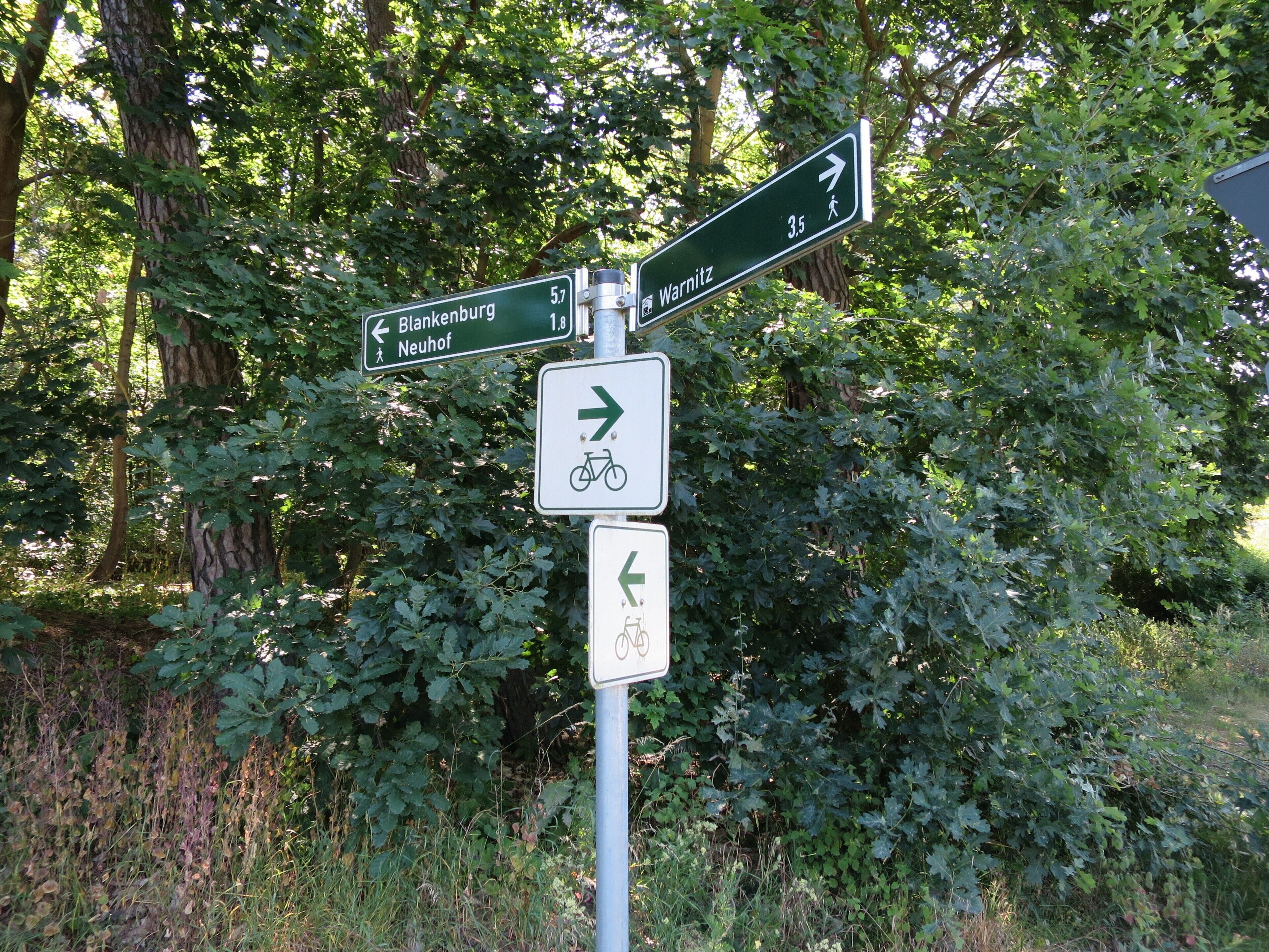 Wegwijzers met pijlen en afstandsmarkeringen, omringd door dichte beplanting.