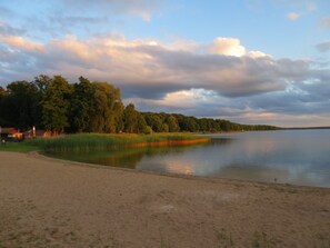 Vista de un lago con playa arenosa, árboles densos y aguas tranquilas.
