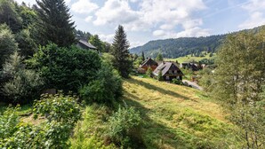 Paesaggio rurale con case, vegetazione fitta e cielo sereno.