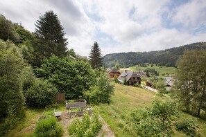 A rural village with houses, dense greenery, and a clear sky.