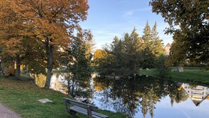 A park with a calm lake, a bench, and trees. - 2-room holiday apartment with sun terrace (Schönwald)