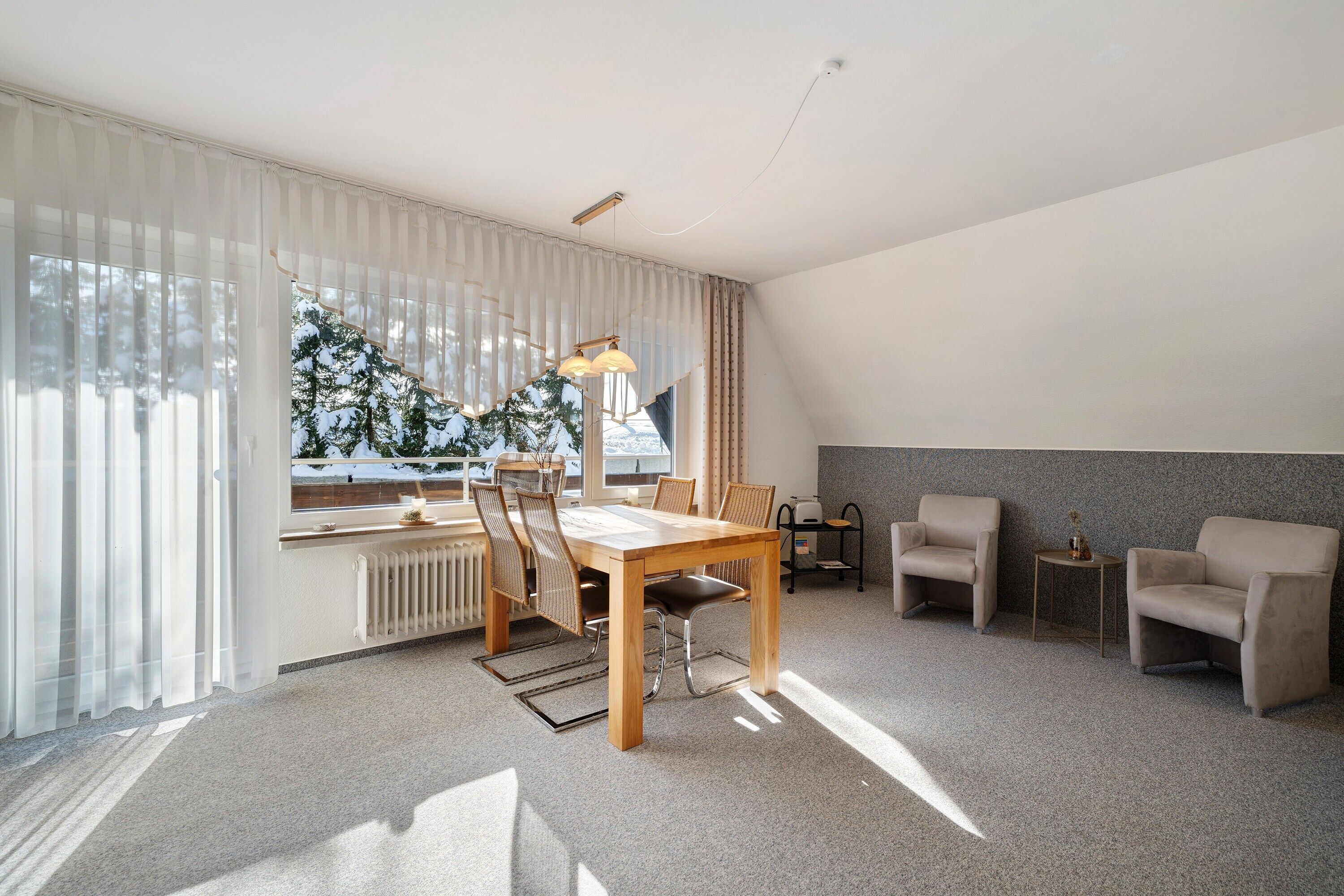 Ein modernes Wohnzimmer mit Esstisch, Stühlen, einer Couch und einer Heizung.