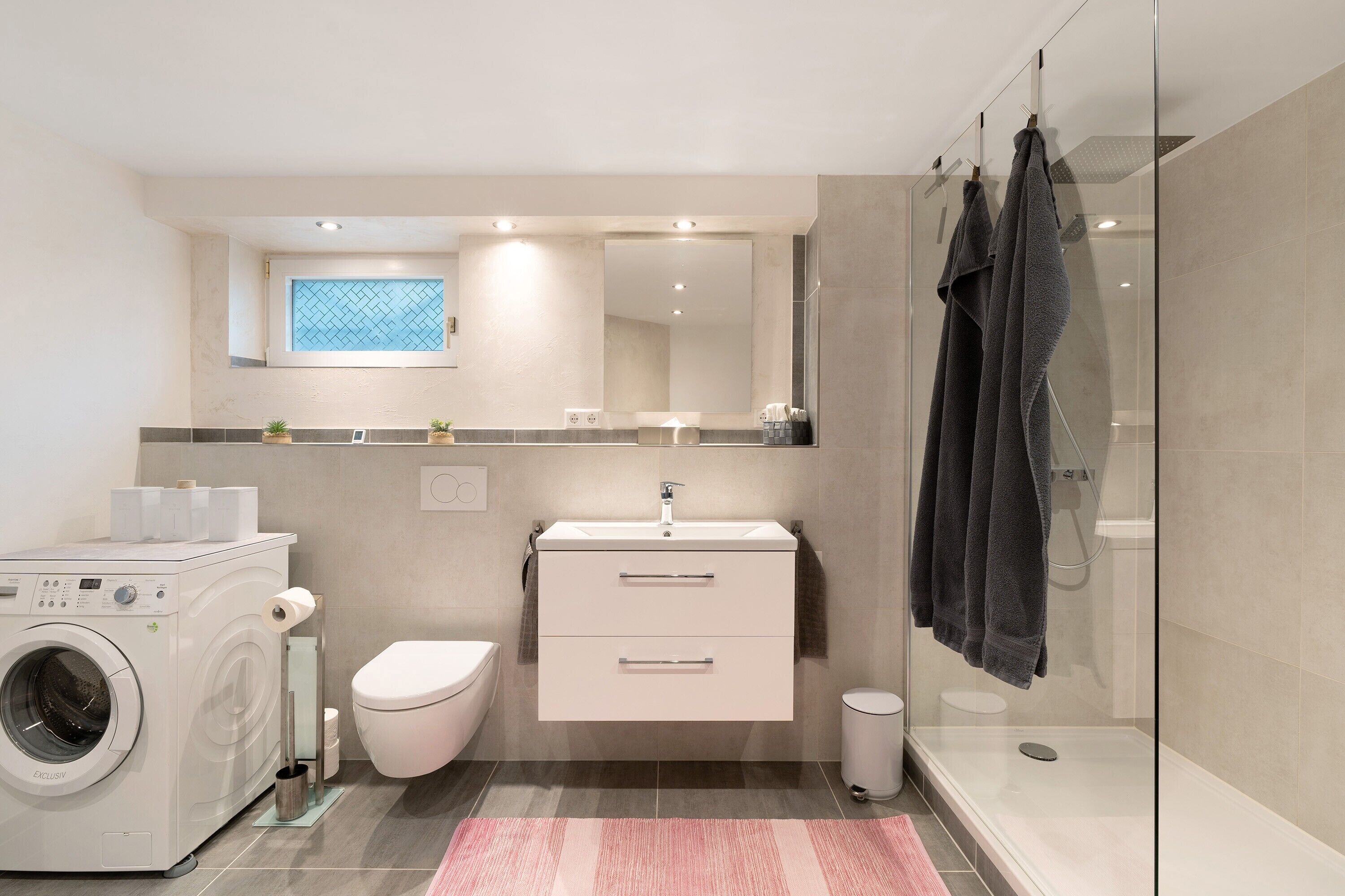 Shower, hair dryer, towels