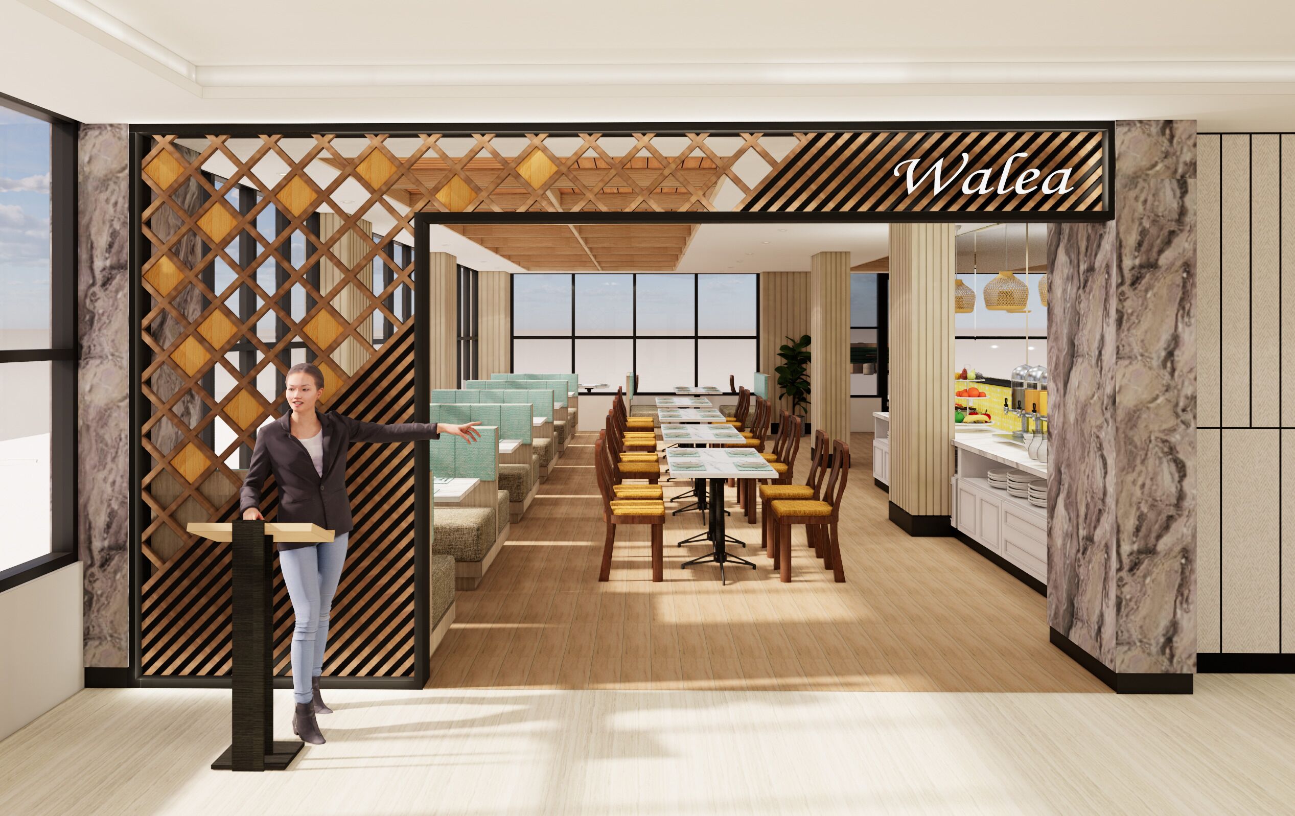 A modern dining area with a long table, wooden chairs, and a decorative wooden partition.