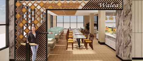 A modern dining area with a long table, wooden chairs, and a decorative wooden partition.