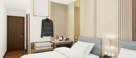 A modern hotel room with a wooden floor, a bed with white bedding, a bedside table with a lamp, and a hanging coat rack.