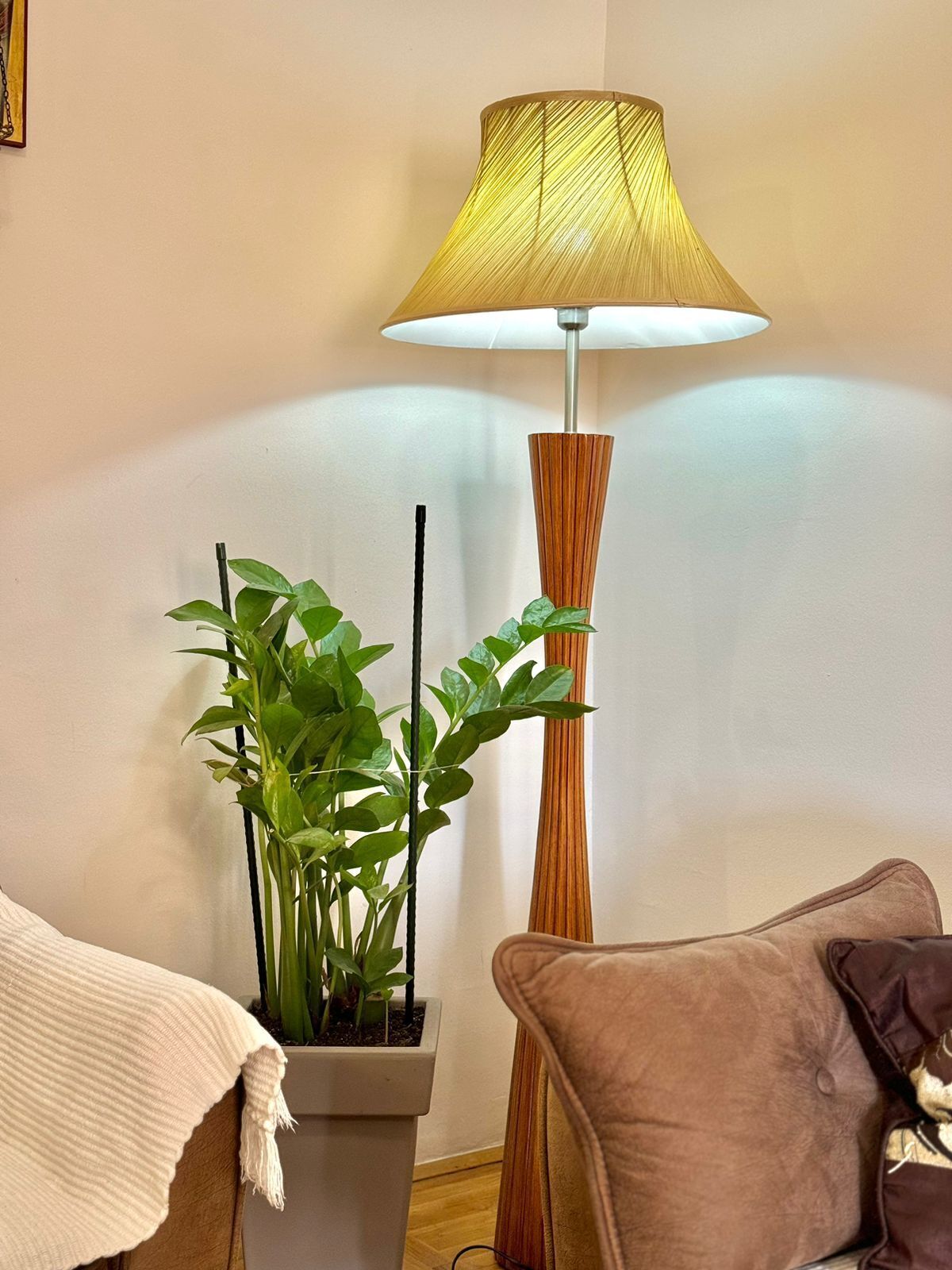 Ein Zimmer mit Stehlampe, Topfpflanze und Stuhl.