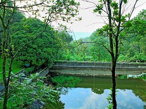 Una piscina al aire libre, socorrista en las instalaciones