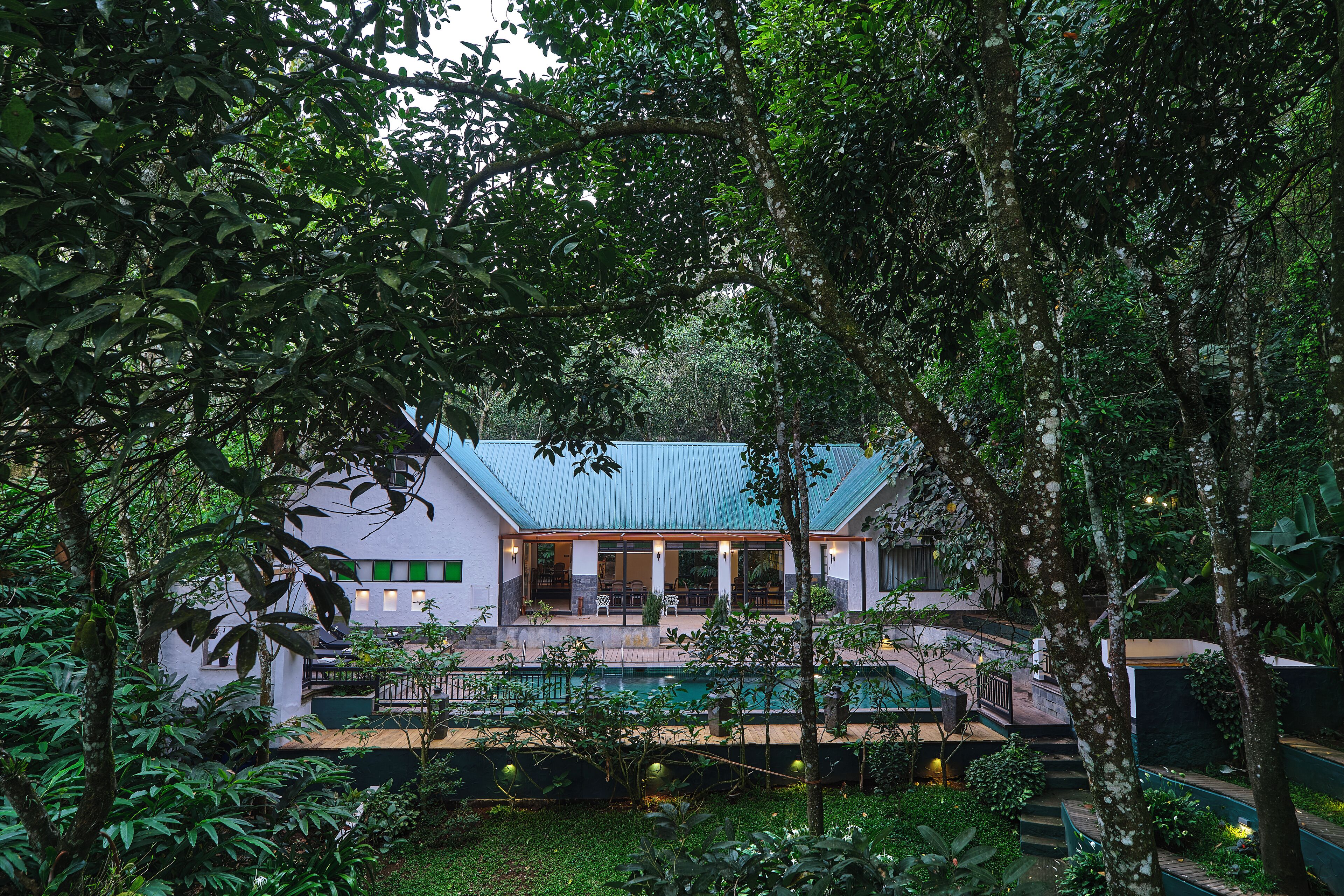 Una casa con piscina, rodeada de abundante vegetación.