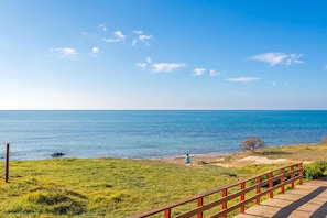 Vista costera con un paseo de madera, zona verde y una persona sentada junto al agua.