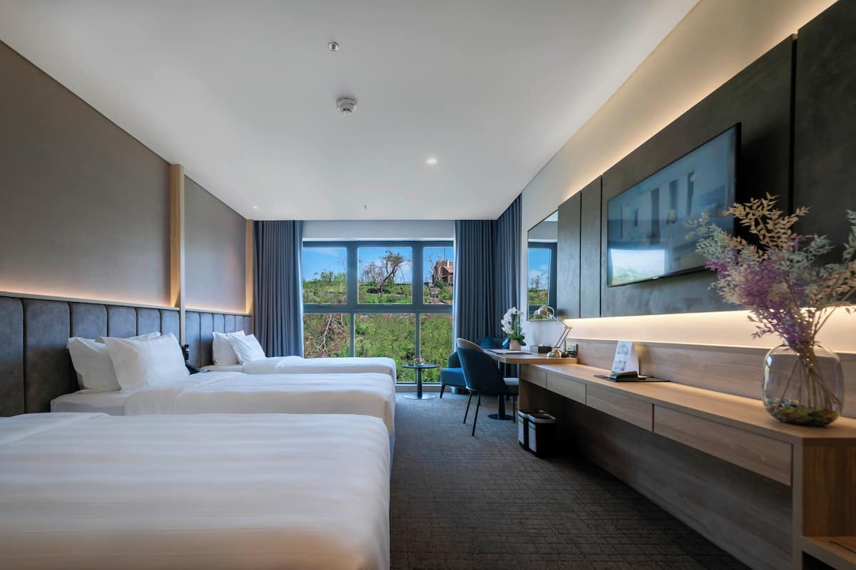 A hotel room with two beds, a desk, a chair, a TV, and a large window with a view of greenery.