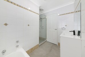 Shower, towels, soap, shampoo