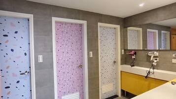 Shower, hair dryer, shampoo, toilet paper