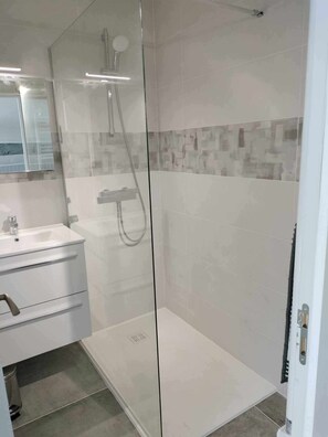 Chuveiro, secador de cabelo, toalhas de banho, papel higiênico