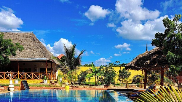 A clear blue pool with palm trees in the foreground, a thatched-roof building, and a yellow wall in the background. - Mimi na wewe villa (Nungwi)