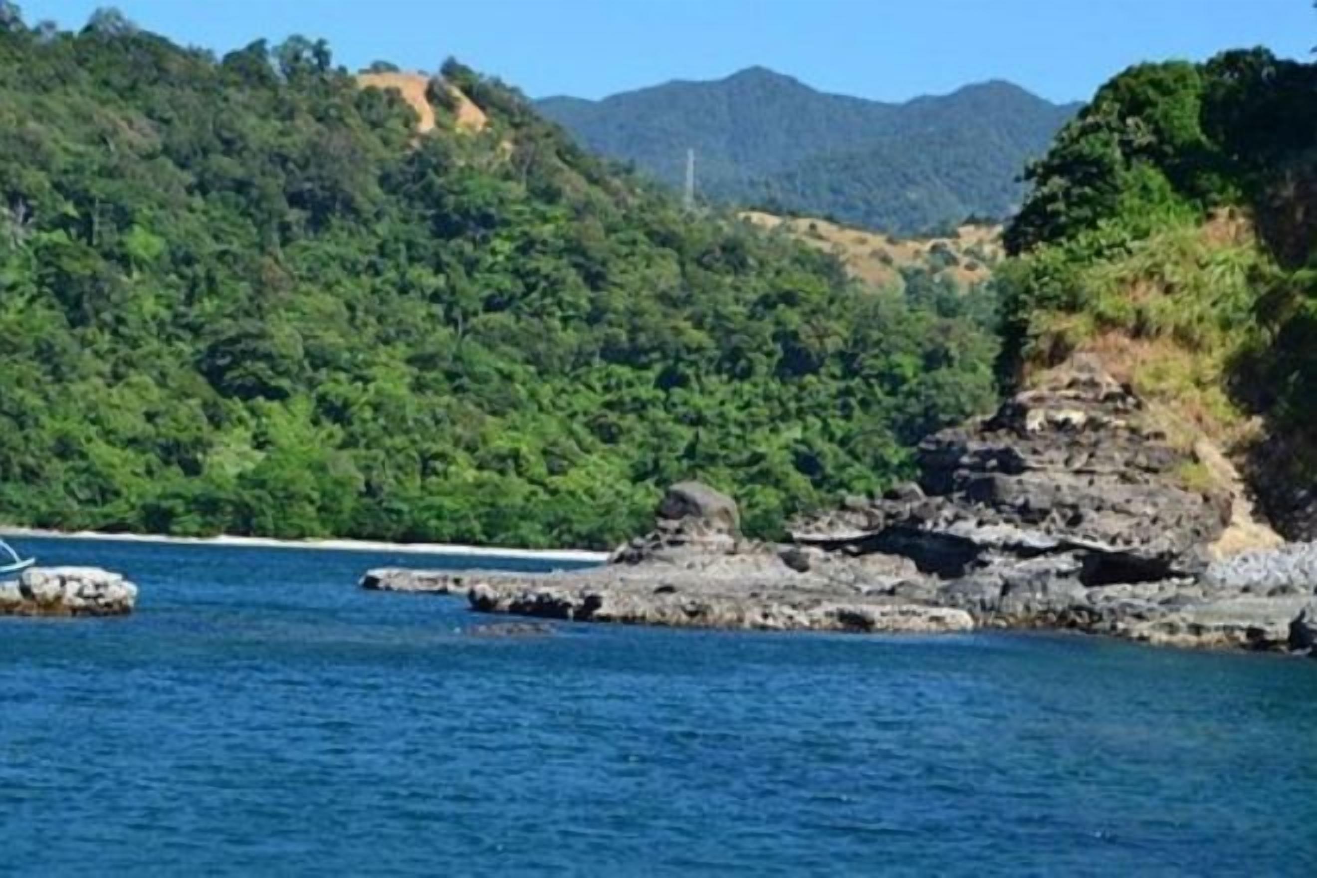 A coastal landscape with rocky outcrops and dense greenery.