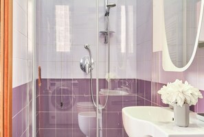 Shower, hair dryer, bidet, towels