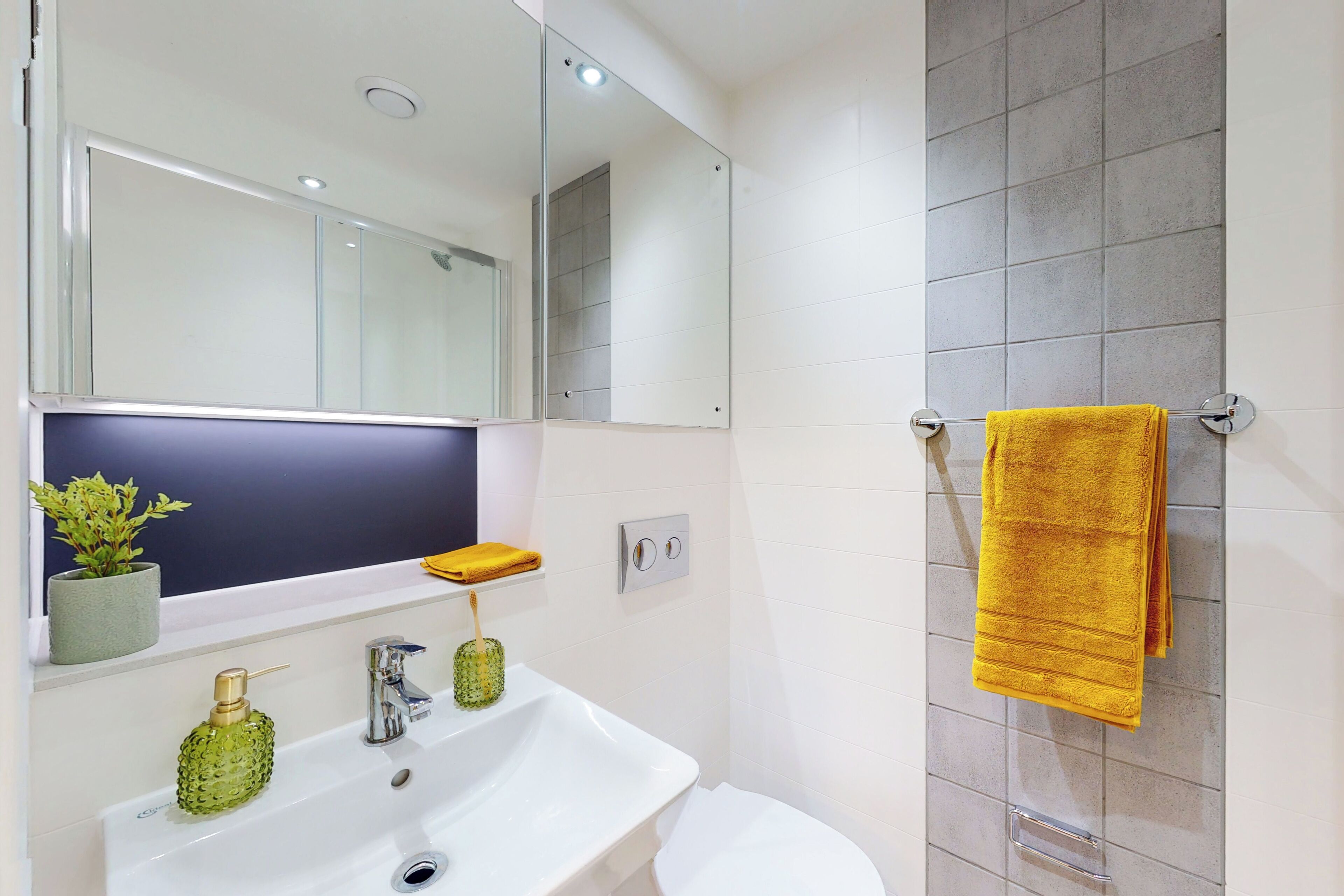 Une salle de bain moderne avec un lavabo blanc, un miroir, des toilettes et un espace douche.