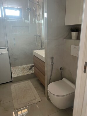 Hair dryer, towels, soap, toilet paper