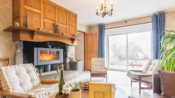 Télévision, cheminée, livres