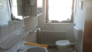 Dusche, Haartrockner, Handtücher, Toilettenpapier