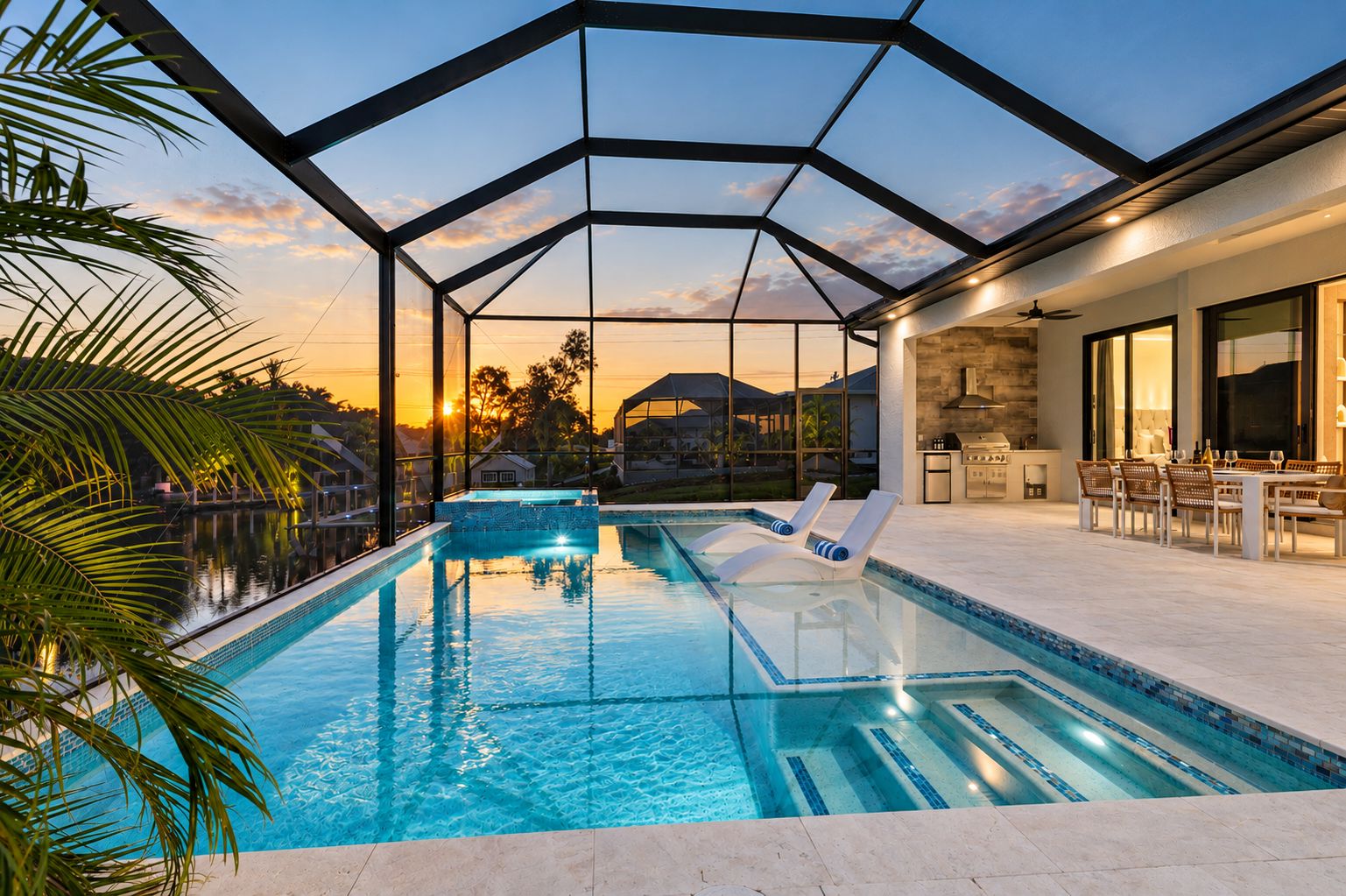 A swimming pool with a glass ceiling, surrounded by lounge chairs, a dining area, and a view of the sunset.