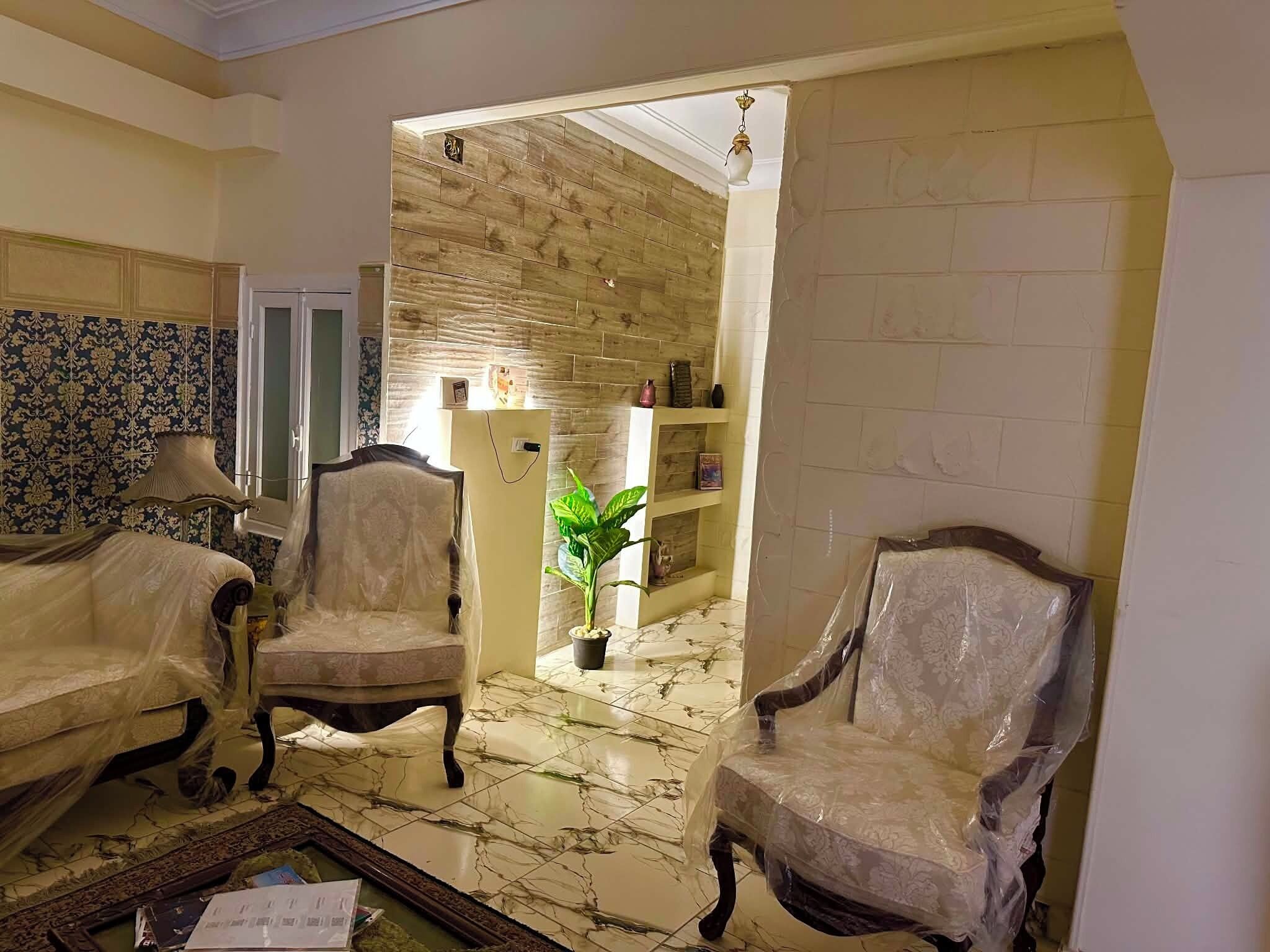 A living room with two armchairs, a coffee table, and a potted plant.