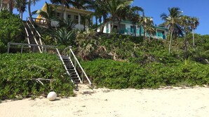 Ein Strandgrundstück mit einer Treppe, die zu einem Gebäude führt, umgeben von Palmen und dichter Vegetation.