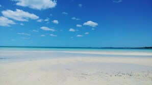 Une plage avec un ciel dégagé et une mer calme.