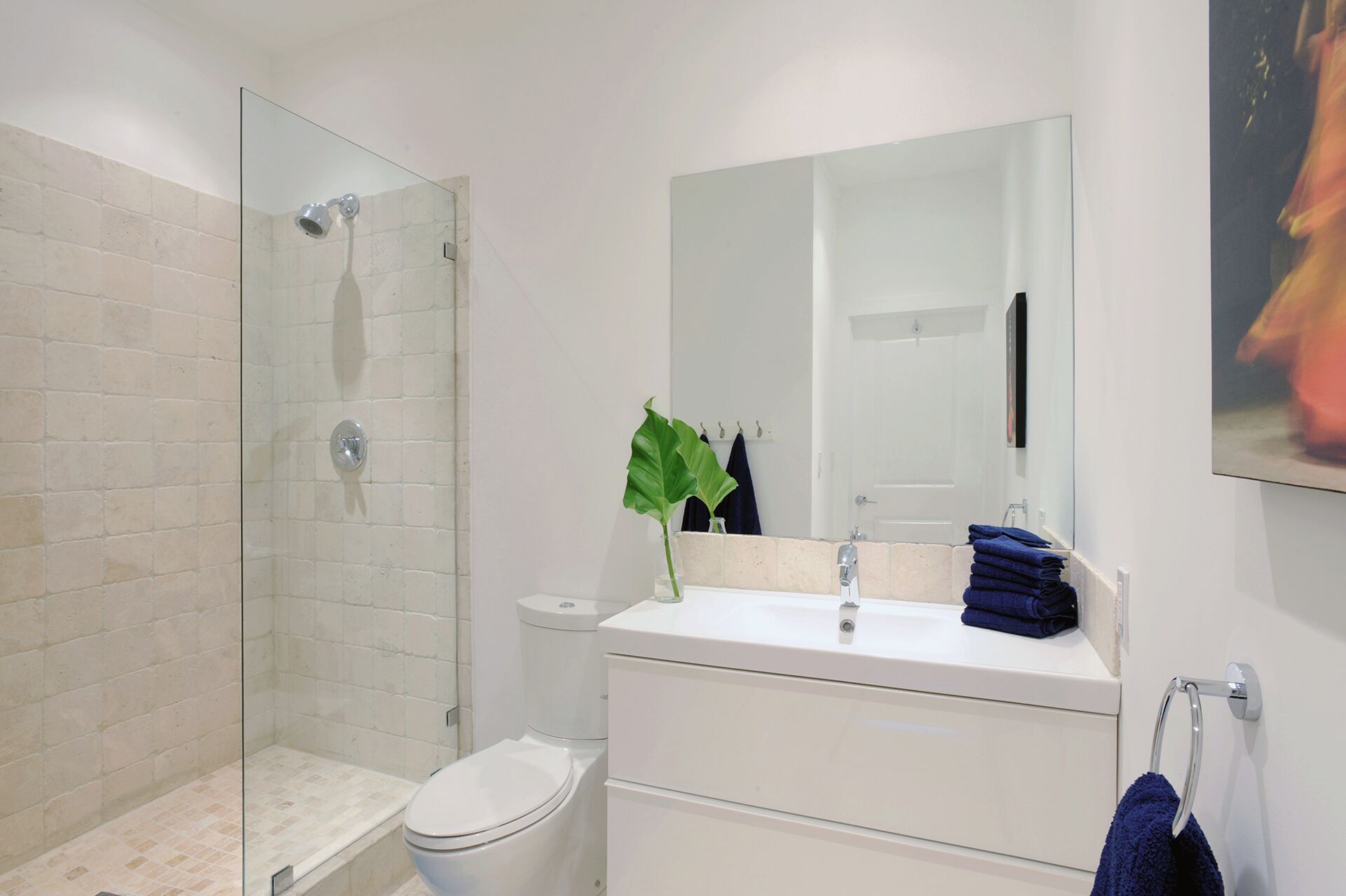 A modern bathroom with a glass shower enclosure, a white sink with a mirror, and a toilet.
